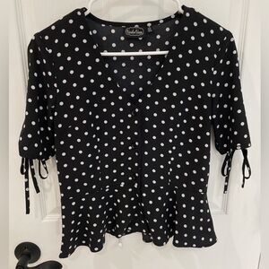 Voodoo Vixen Black White Polka Dot Button Down Peplum Top Women’s Size S